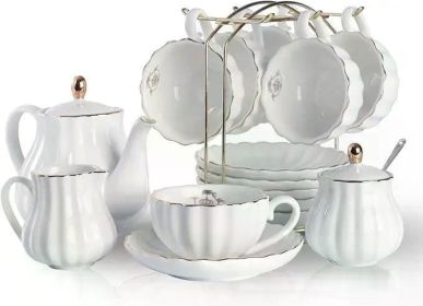 Porcelain Tea Set British Royal Series,with Teapot Sugar Bowl Cream Pitcher Teaspoons and Tea Strainer for Tea/Coffee,Pure White (Color: White)