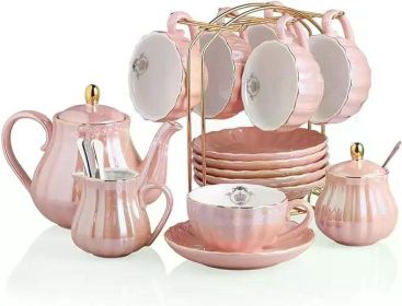 Porcelain Tea Set British Royal Series,with Teapot Sugar Bowl Cream Pitcher Teaspoons and Tea Strainer for Tea/Coffee,Pure White (Color: Coral Pink)