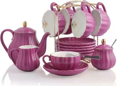 Porcelain Tea Set British Royal Series,with Teapot Sugar Bowl Cream Pitcher Teaspoons and Tea Strainer for Tea/Coffee,Pure White (Color: Blue Violet)