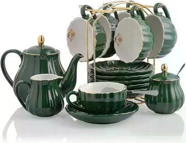 Porcelain Tea Set British Royal Series,with Teapot Sugar Bowl Cream Pitcher Teaspoons and Tea Strainer for Tea/Coffee,Pure White (Color: Jade)