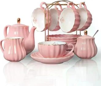 Porcelain Tea Set British Royal Series,with Teapot Sugar Bowl Cream Pitcher Teaspoons and Tea Strainer for Tea/Coffee,Pure White (Color: Pink)