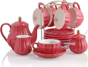 Porcelain Tea Set British Royal Series,with Teapot Sugar Bowl Cream Pitcher Teaspoons and Tea Strainer for Tea/Coffee,Pure White (Color: Watermelon Red)
