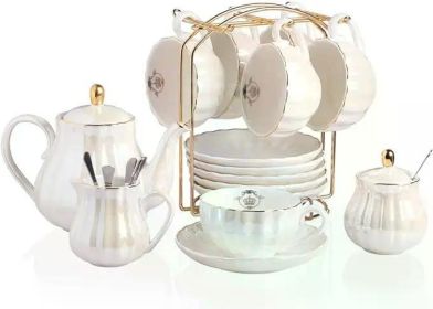 Porcelain Tea Set British Royal Series,with Teapot Sugar Bowl Cream Pitcher Teaspoons and Tea Strainer for Tea/Coffee,Pure White (Color: Coral White)