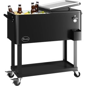 Patio Cooler Cart, for Beverage, Cooler Cart with Bottle Opener Drainage, Patio Coolers on Wheels, Rolling Cooler Cart (Color: Black)
